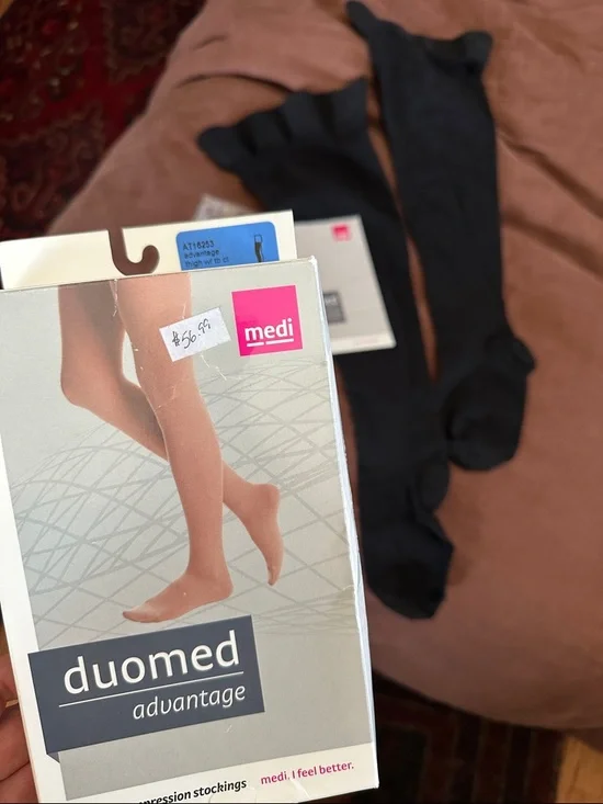 Duo med L & Jobst XL black thigh high, compression flight medical stockings - Picture 9 of 14